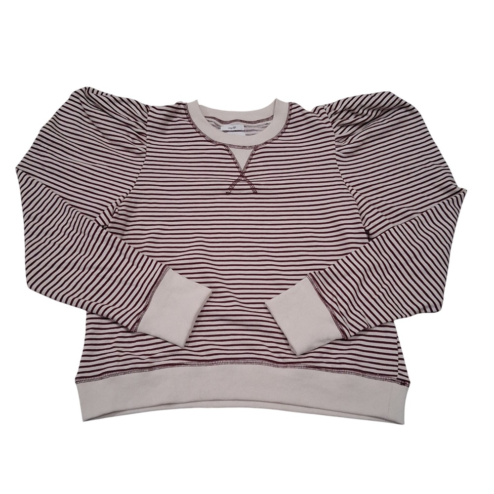 By The River Cozy Life Striped Puff Shoulder Sweatshirt Burgundy Cream Large